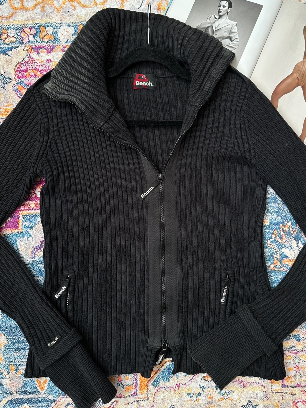 Bench Black Ribbed Zip-Up Bomber Jacket - Picture 2 of 16